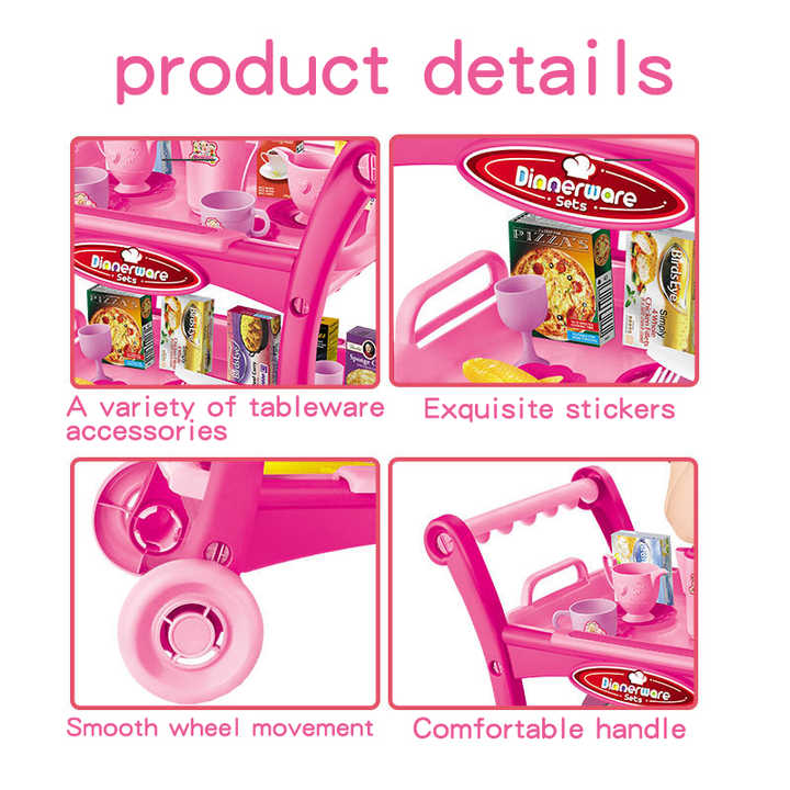 Pink Children's Pretend Play Kitchen Cart Set with Toys - Roleplay Cooking Set with Accessories - Educational Toy for Kids 6