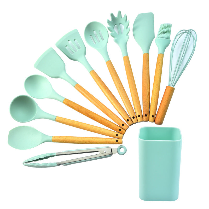 Light Green 12-Piece Silicone Kitchen Utensil Set with Beechwood Handles & Holder 3