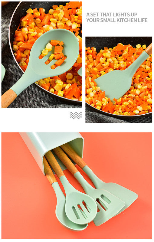 Light Green 12-Piece Silicone Kitchen Utensil Set with Beechwood Handles & Holder 4