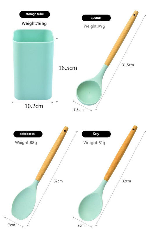 Pink 12-Piece Silicone Kitchen Utensil Set with Beechwood Handles & Holder 5