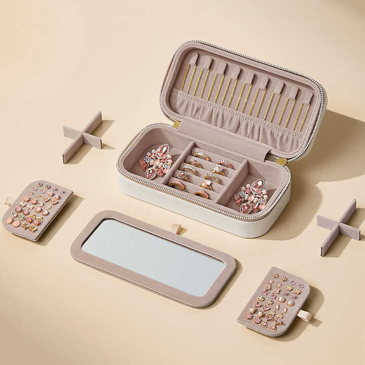 White Dual Zipper Portable Jewelry Box with Mirror - Travel Jewelry Organizer 4