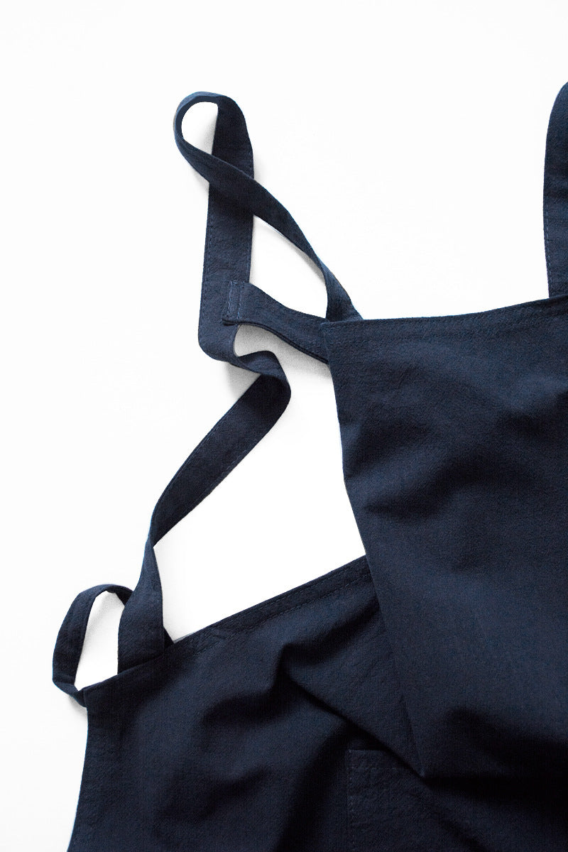 Navy Blue Cotton Linen H-Back Apron - Solid Color Kitchen Cooking Apron with Pocket 4