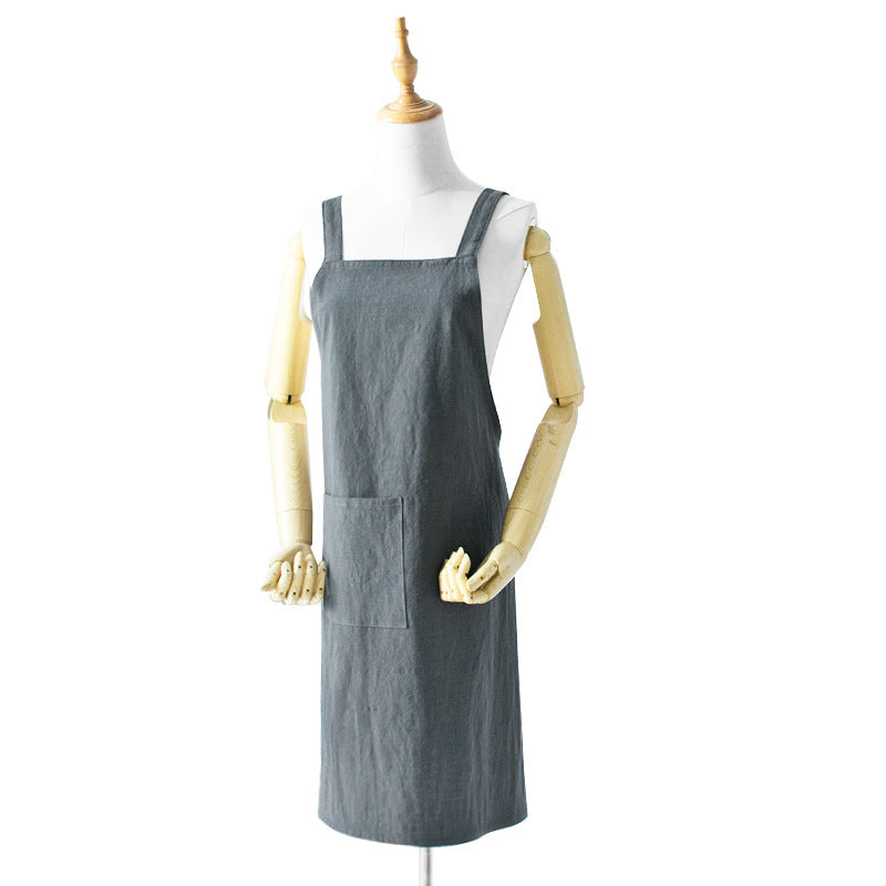 Grey Cotton Linen H-Back Apron - Solid Color Kitchen Cooking Apron with Pocket 3