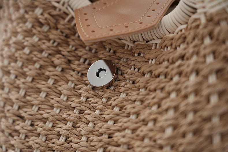 Brown Boho Circle Straw Bag - Stylish Woven Tote with Round Handles 4