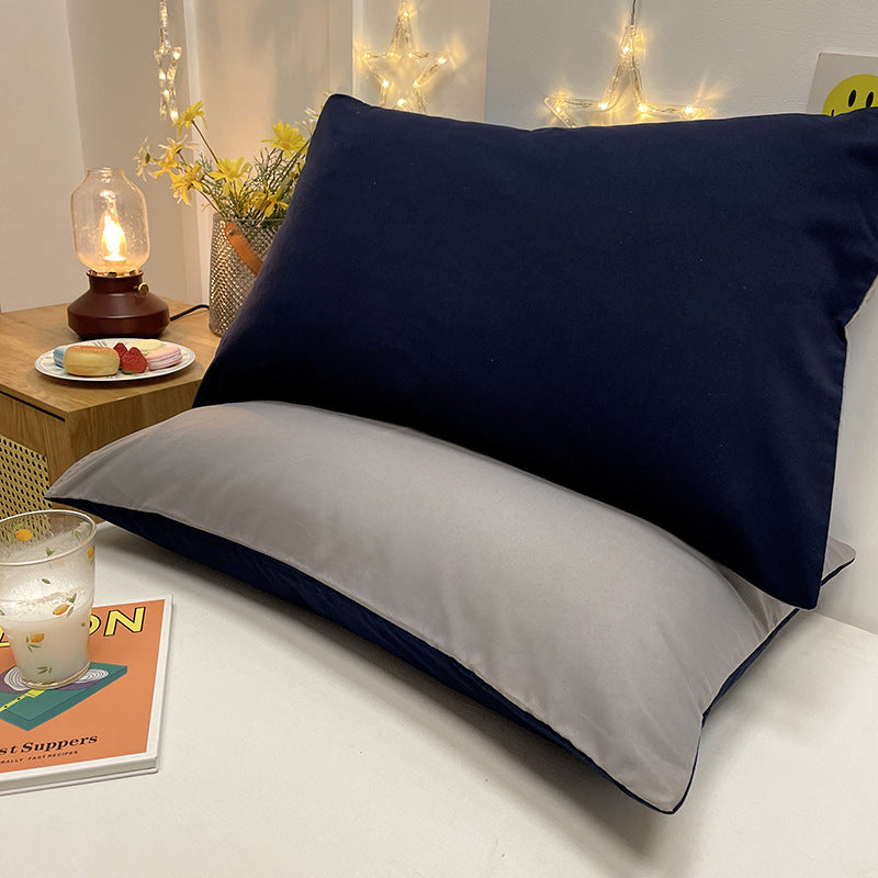 Navy And Grey Washed Cotton Pillowcase Set - Solid Color, Simple Two-Tone Design, 48x74cm (Pair)