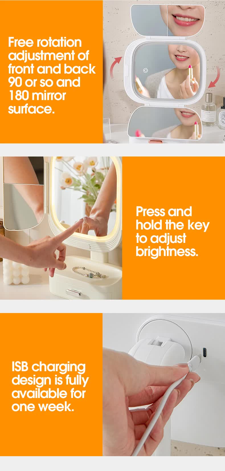 Milky White LED Lighted Tri-Fold Makeup Mirror with Storage Drawer & Magnification(USB Charging Port) 6