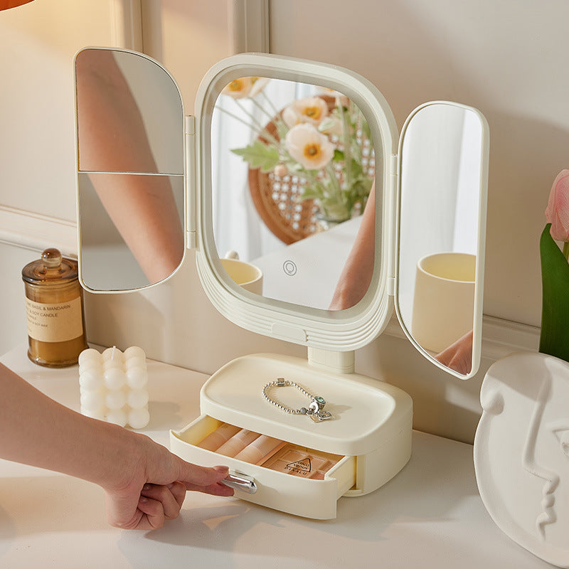 Pink LED Lighted Tri-Fold Makeup Mirror with Storage Drawer & Magnification(USB Charging Port)