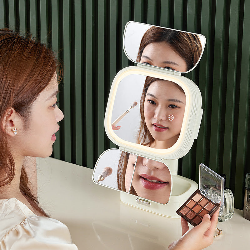Pink LED Lighted Tri-Fold Makeup Mirror with Storage Drawer & Magnification(USB Charging Port) 4