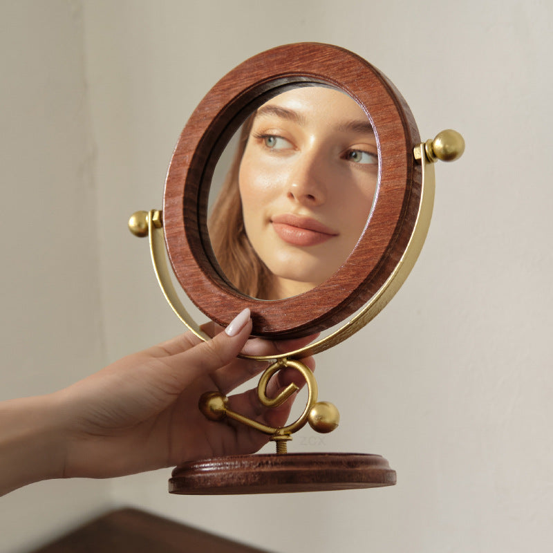 Gold and Brown Vintage Solid Wood Makeup Mirror - 360° Rotating Desktop Vanity Mirror 4
