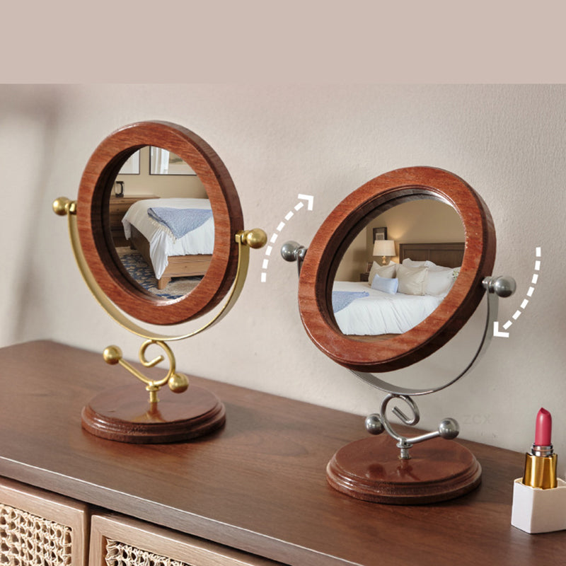 Gold and Brown Vintage Solid Wood Makeup Mirror - 360° Rotating Desktop Vanity Mirror 5