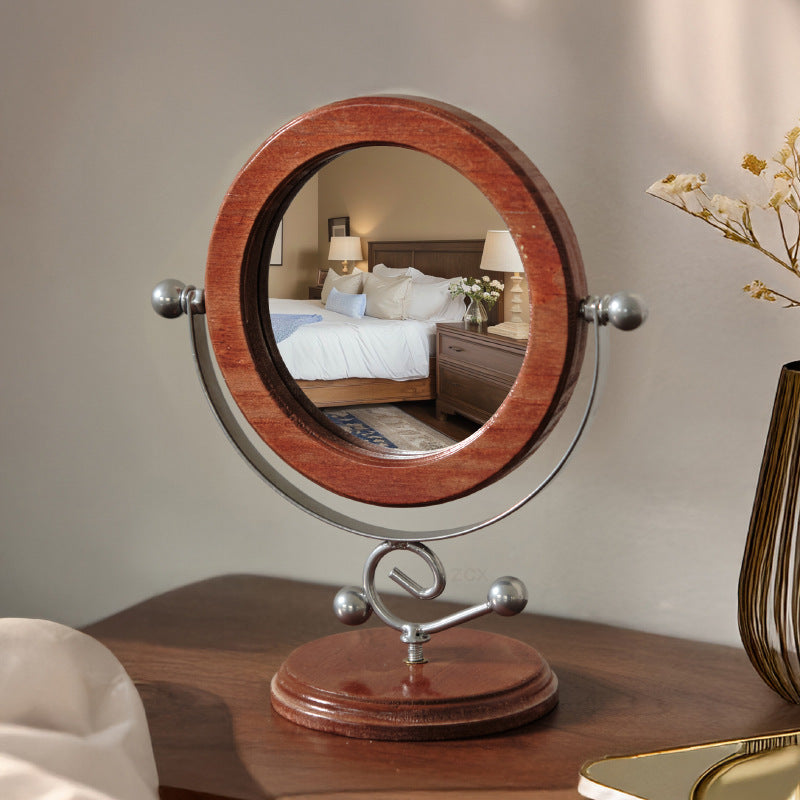 Silver and Brown Vintage Solid Wood Makeup Mirror - 360° Rotation Desktop Vanity Mirror 3