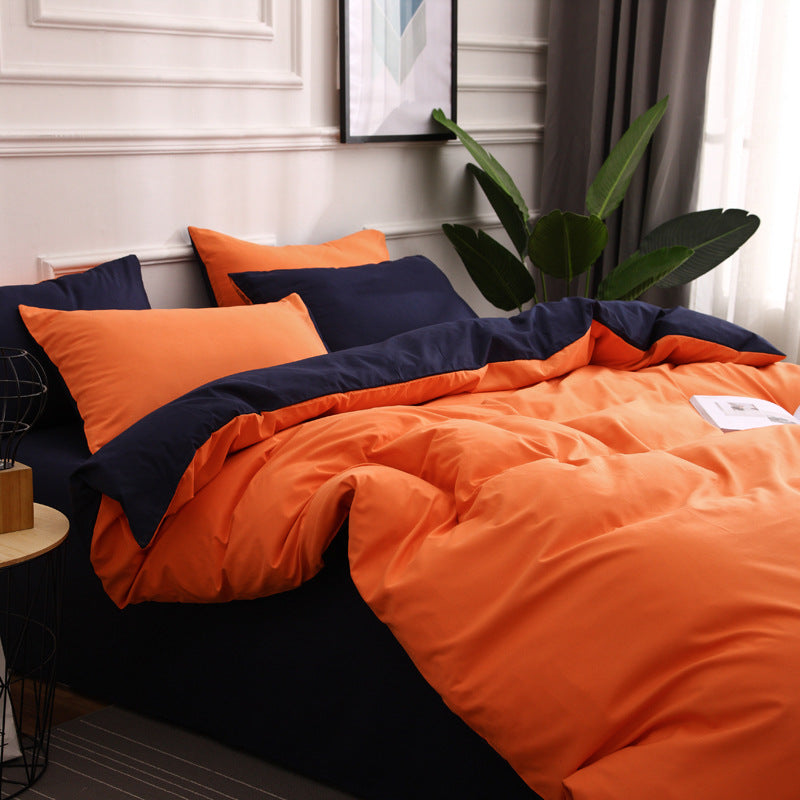Dark Blue And Orange Stitching Ultra-Soft Solid Color 4-Piece Bedding Set - Queen Size(Suitable for 2m bed)