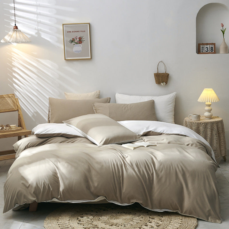 Light Brown And White Stitching Ultra-Soft Solid Color 4-Piece Bedding Set - Queen Size(Suitable for 2m bed)