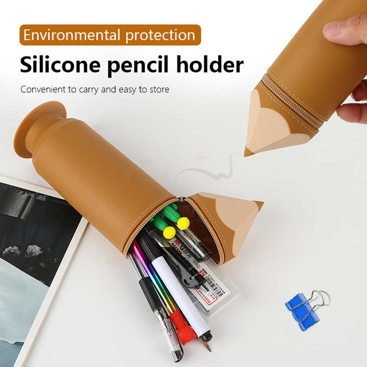 Brown Creative Silicone Pencil Case - High-Value Stationery  - Large Capacity Desk Organizer 4