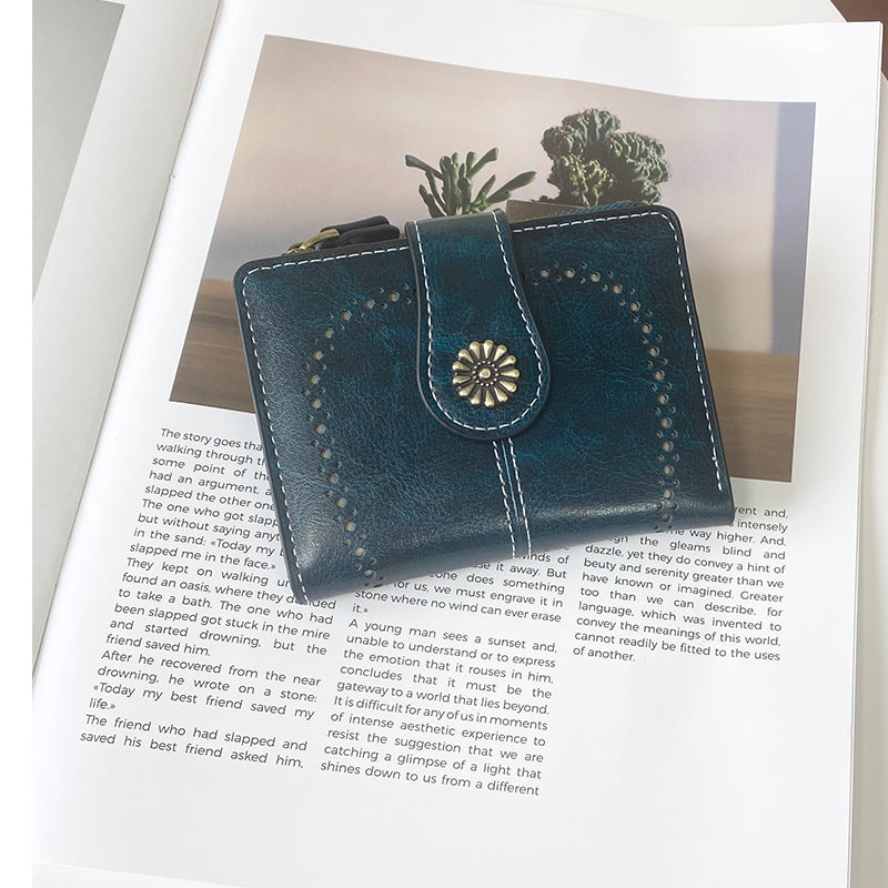 Peacock Blue Vintage PU Leather Women's Short Wallet - Elegant Zipper Coin Pocket Multi-Function Card Holder