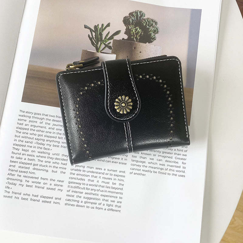 Black Vintage PU Leather Women's Short Wallet - Elegant Zipper Coin Pocket Multi-Function Card Holder