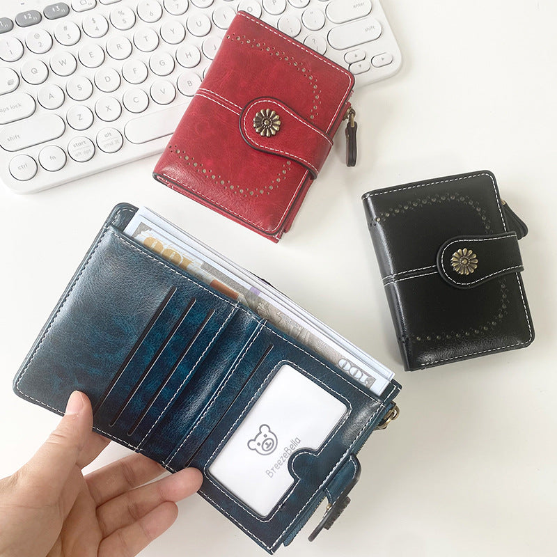Black Vintage PU Leather Women's Short Wallet - Elegant Zipper Coin Pocket Multi-Function Card Holder 3