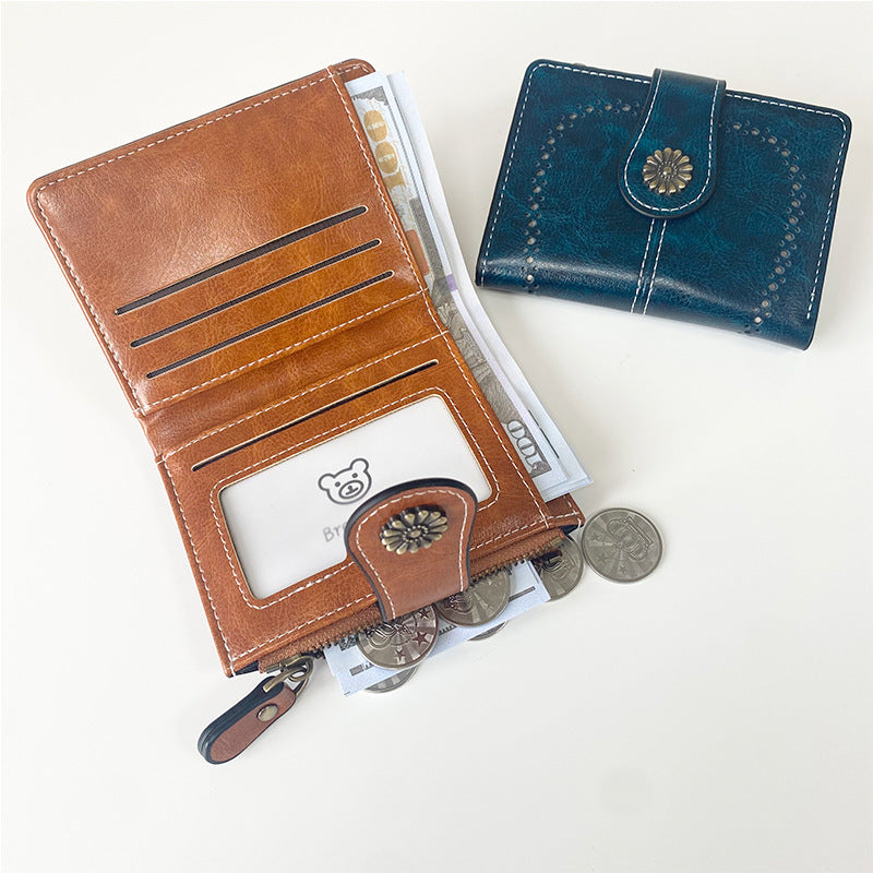 Yellow Vintage PU Leather Women's Short Wallet - Elegant Zipper Coin Pocket Multi-Function Card Holder 3