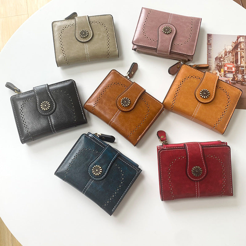 Brown Vintage PU Leather Women's Short Wallet - Elegant Zipper Coin Pocket Multi-Function Card Holder