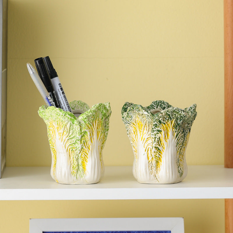 2 Pcs Light Green Premium Ceramic Cabbage Makeup Brush Holder - Elegant 10.5cm High-End Desktop Organizer 3