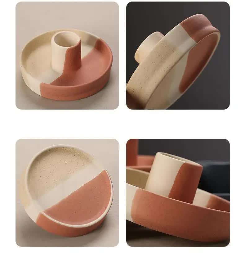 2 Pcs Yellow, White And Orange Stitching Straight Bottom Nordic Ceramic Candle Holder with Jewelry Dish - Elegant Minimalist Home Decor Piece 8