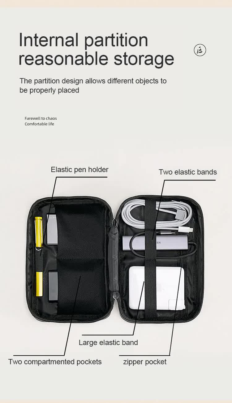 Grey Premium PU Leather Multi-Functional Travel Cable Organizer - Waterproof Digital Storage Pouch 8