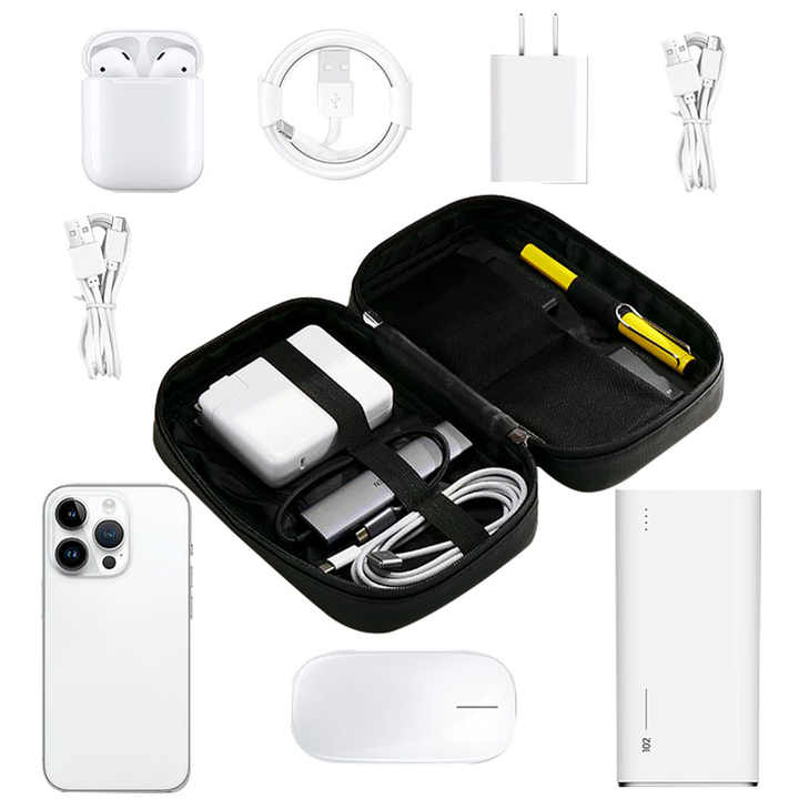 Black Premium PU Leather Multi-Functional Travel Cable Organizer - Waterproof Digital Storage Pouch 4