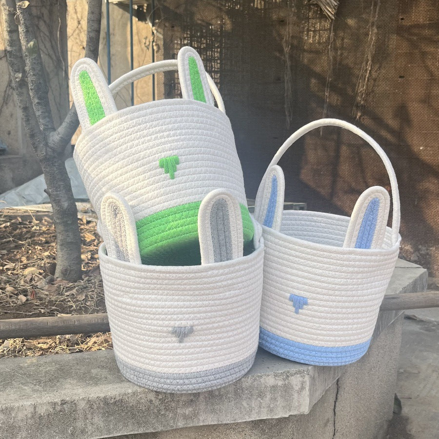 Yellow And White Stitching Charming Easter Egg Tote Basket - Cute Rabbit-Themed Handwoven Cotton Rope Candy Holder 3