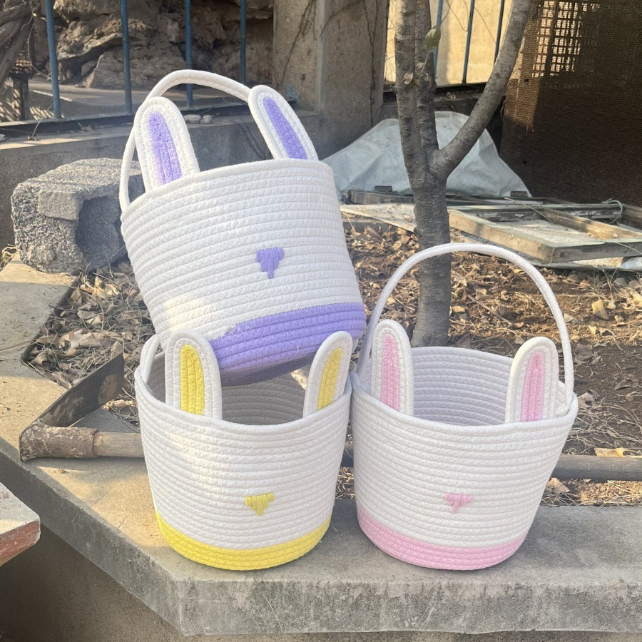 Yellow And White Stitching Charming Easter Egg Tote Basket - Cute Rabbit-Themed Handwoven Cotton Rope Candy Holder 4