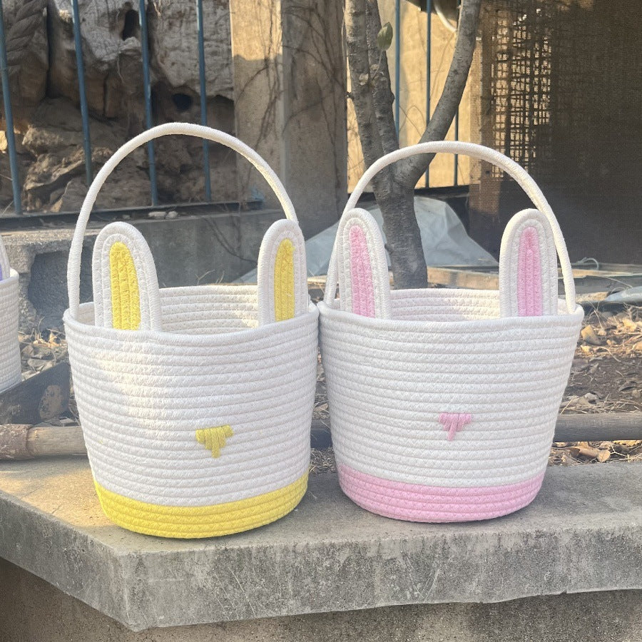 Yellow And White Stitching Charming Easter Egg Tote Basket - Cute Rabbit-Themed Handwoven Cotton Rope Candy Holder 5