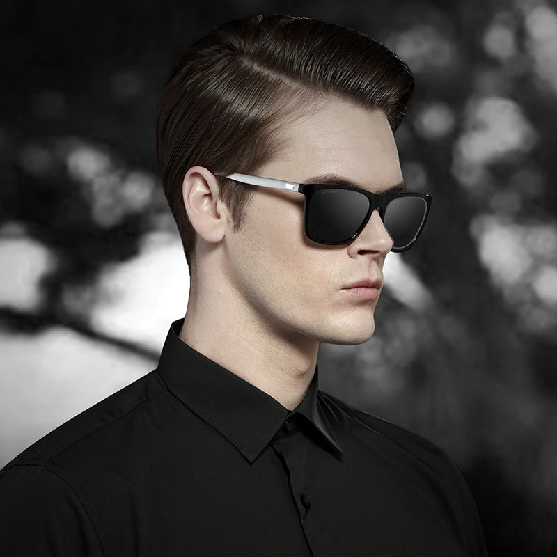 Black Frame + Black Temples + Photochromic Blue Lenses Unisex Aluminum-Magnesium Square Polarized Sunglasses - Stylish UV-Protective Driving Glasses with Case 4