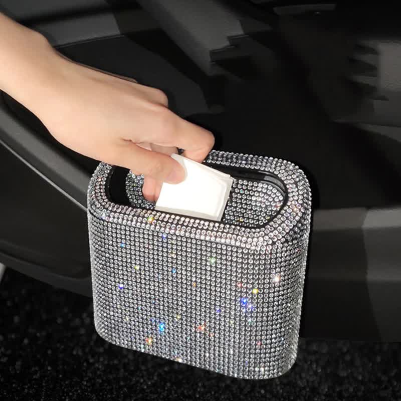 White Diamond Sparkly Rhinestone Car Trash Can - Diamond Auto Garbage Bin Organizer 3