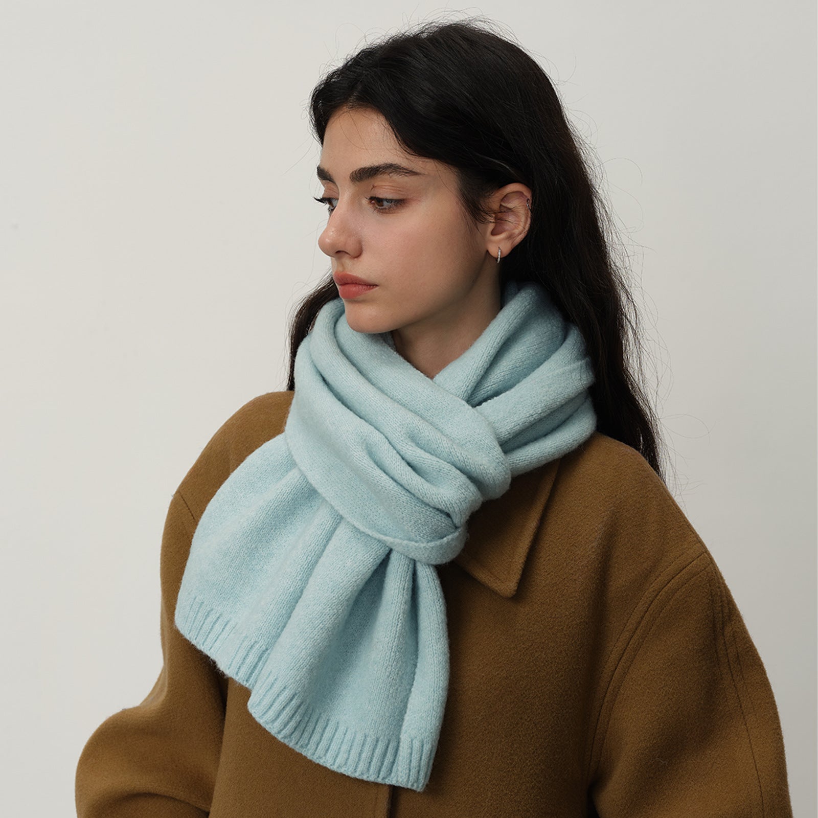 Blue Soft Wool-Blend Solid Color Knit Scarf for Women - Cozy Faux Cashmere Shawl 3