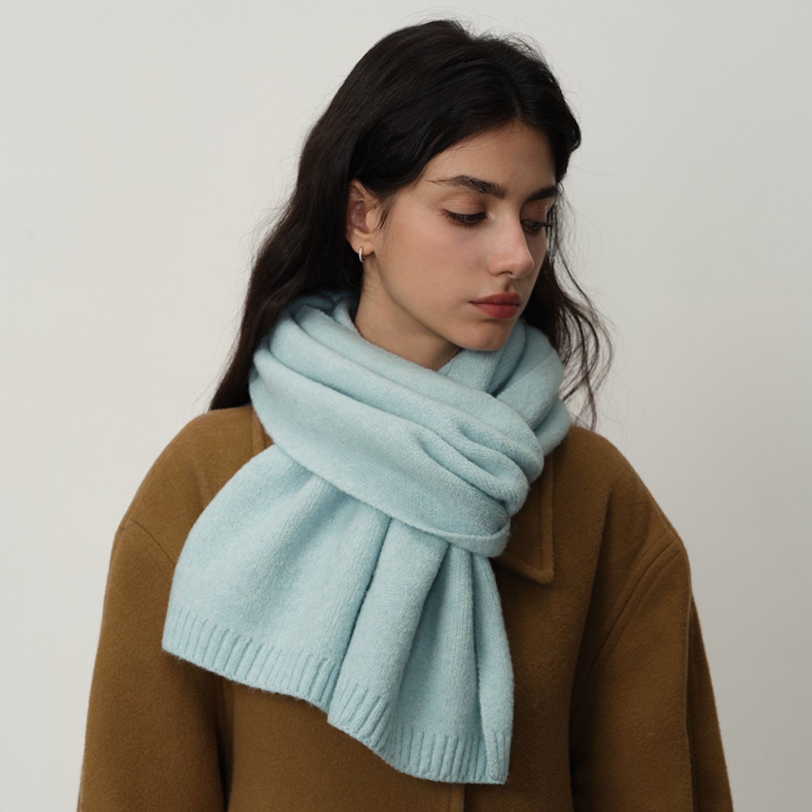 Blue Soft Wool-Blend Solid Color Knit Scarf for Women - Cozy Faux Cashmere Shawl 4