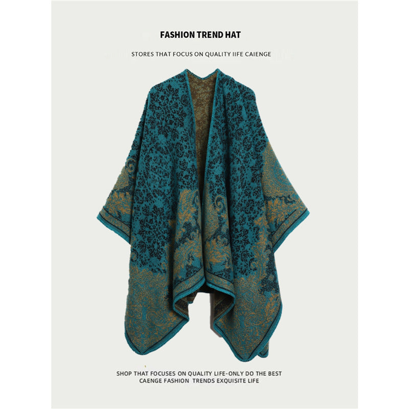 Green Ethnic Boho Shawl for Women - Stylish Split Cape for Travel and Cooling Rooms