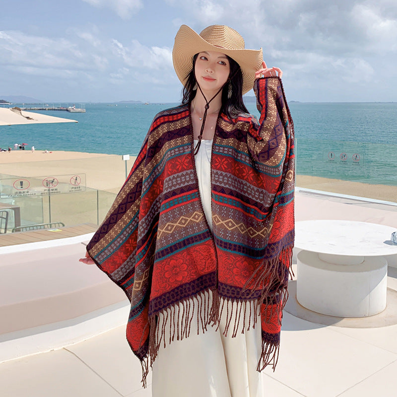 Brown Plaid Ethnic Boho Shawl for Women - Stylish Split Cape for Travel and Cooling Rooms 5