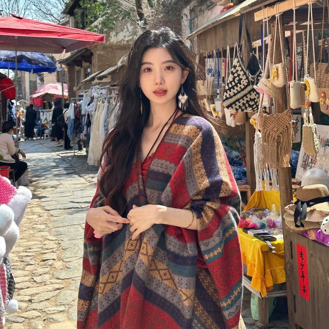 Red And Navy Ethnic Boho Shawl for Women - Stylish Split Cape for Travel and Cooling Rooms 5