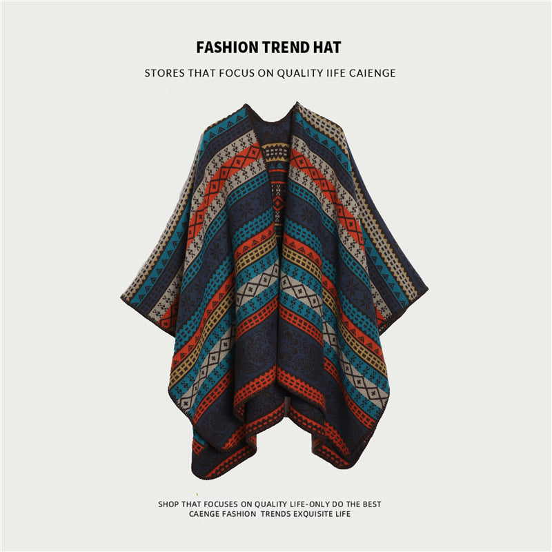 Orange And Navy Ethnic Boho Shawl for Women - Stylish Split Cape for Travel and Cooling Rooms