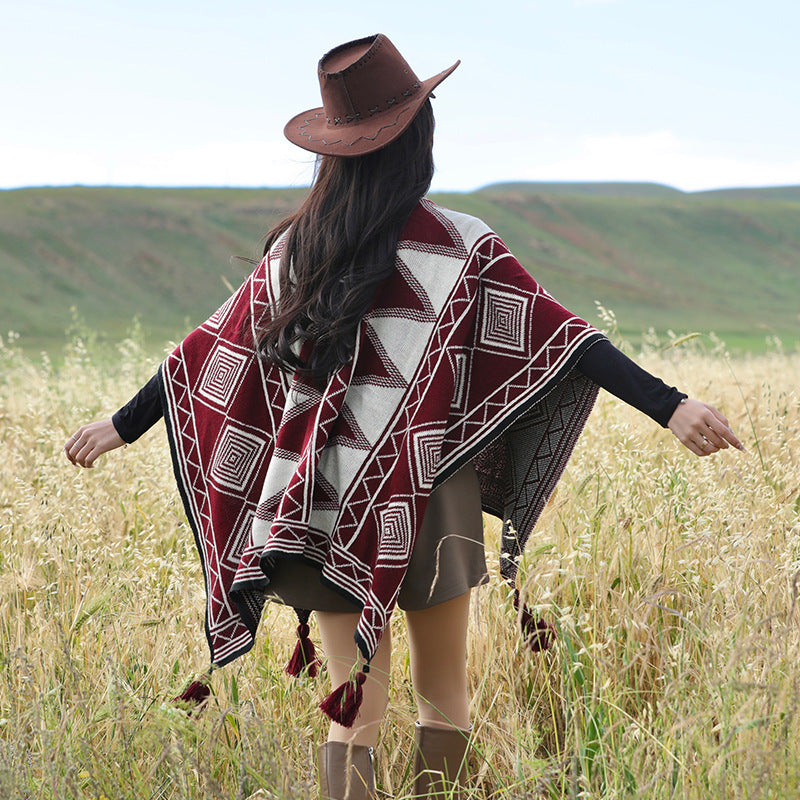 Burgundy Tassel Style Ethnic Boho Shawl for Women - Stylish Split Cape for Travel and Cooling Rooms 5
