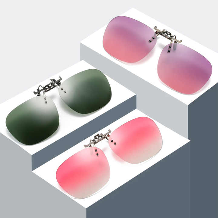 2 Pcs Purple Pink Gradient Color Polarized Clip-On Sunglasses - Day & Night Use, Frameless Polygon Design for Fishing & Driving