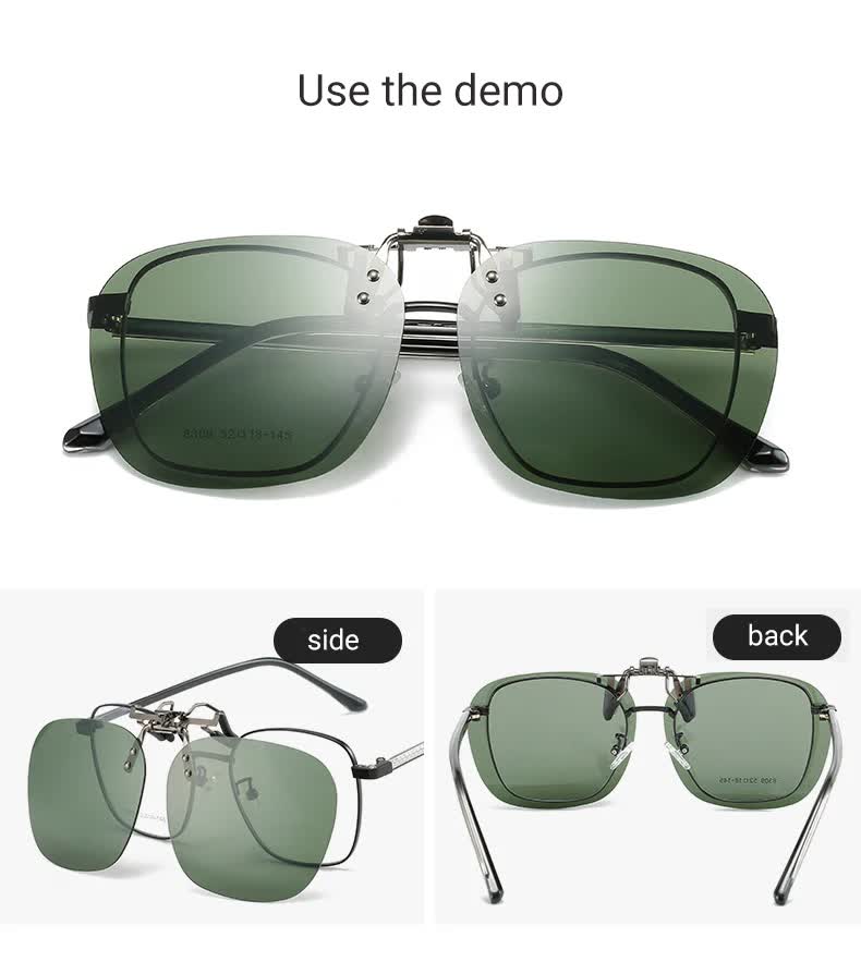 2 Pcs Black Grey Polarized Clip-On Sunglasses - Day & Night Use, Frameless Polygon Design for Fishing & Driving 7