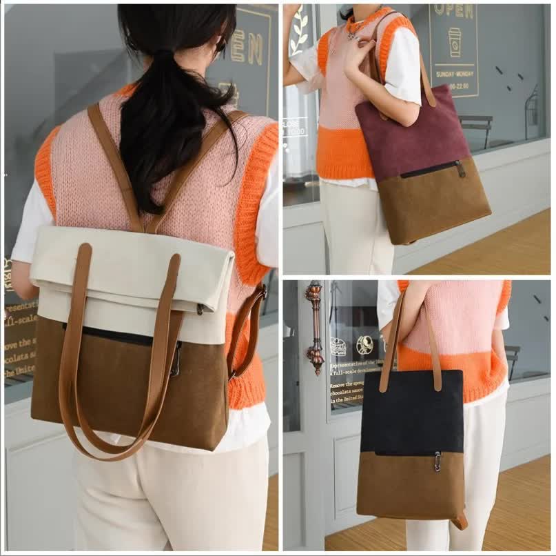 Beige And Brown Canvas Tote Bag for Women - Multi-Use Shoulder Handbag & Backpack, Large Capacity, 30x10x40cm 11