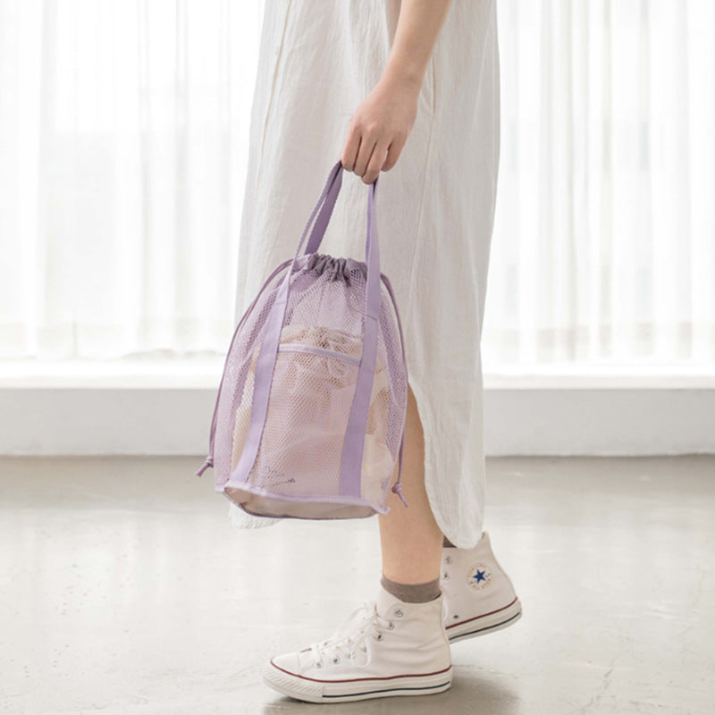 Purple Lightweight Mesh Drawstring Beach Bag - Portable Travel Organizer for Toiletries and Essentials 4