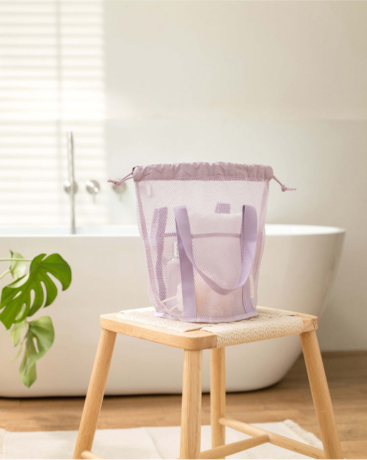 Purple Lightweight Mesh Drawstring Beach Bag - Portable Travel Organizer for Toiletries and Essentials 6