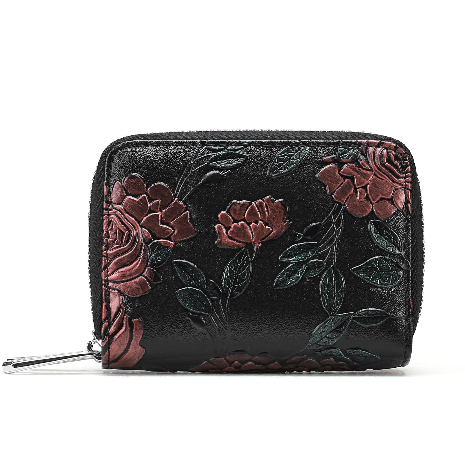 Black Background With Red Roses Floral Embossed Genuine Leather Card Holder - Large Capacity 10 Card Slots, RFID Blocking, Double Zipper Coin Pouch 6