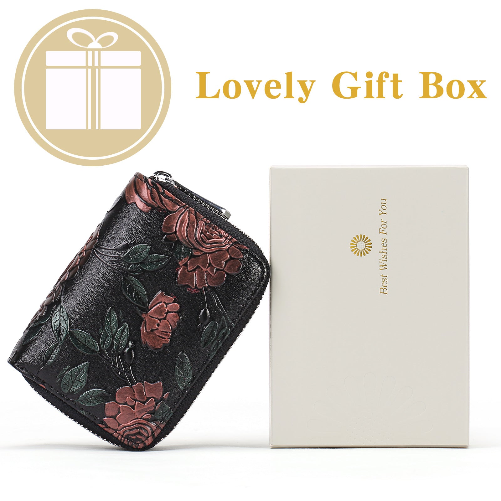 Black Background With Red Roses Floral Embossed Genuine Leather Card Holder - Large Capacity 10 Card Slots, RFID Blocking, Double Zipper Coin Pouch 10