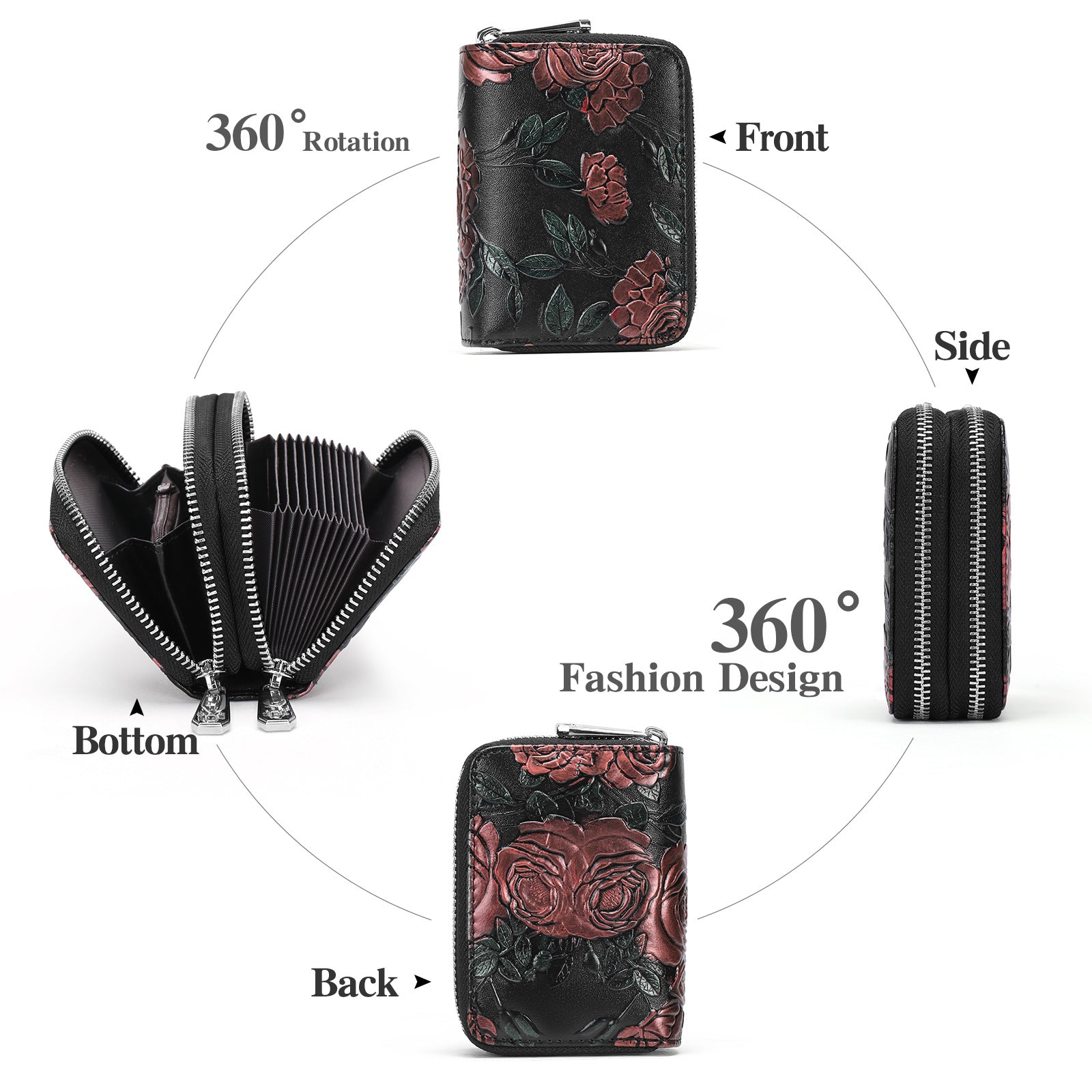 Black Background With Silver Roses Floral Embossed Genuine Leather Card Holder - Large Capacity 10 Card Slots, RFID Blocking, Double Zipper Coin Pouch