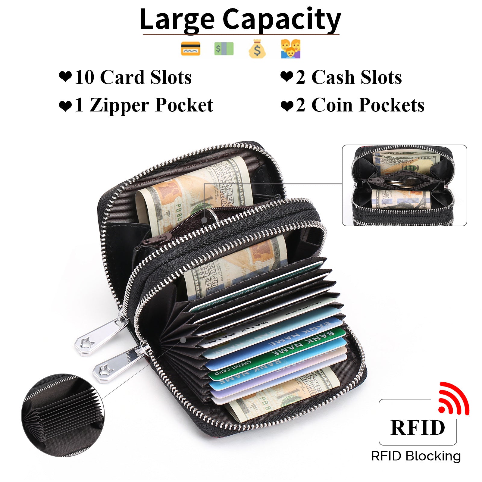 Black Background With Colorful Roses Floral Embossed Genuine Leather Card Holder - Large Capacity 10 Card Slots, RFID Blocking, Double Zipper Coin Pouch 4
