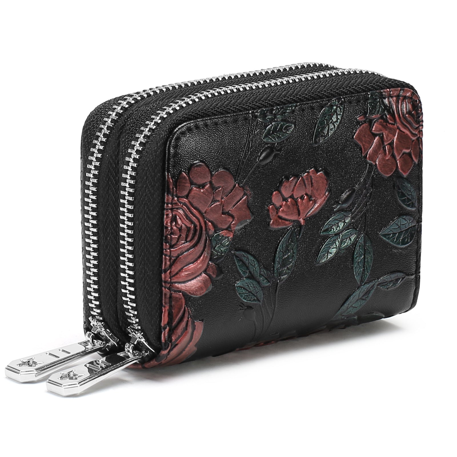 Black Background With Colorful Roses Floral Embossed Genuine Leather Card Holder - Large Capacity 10 Card Slots, RFID Blocking, Double Zipper Coin Pouch 5