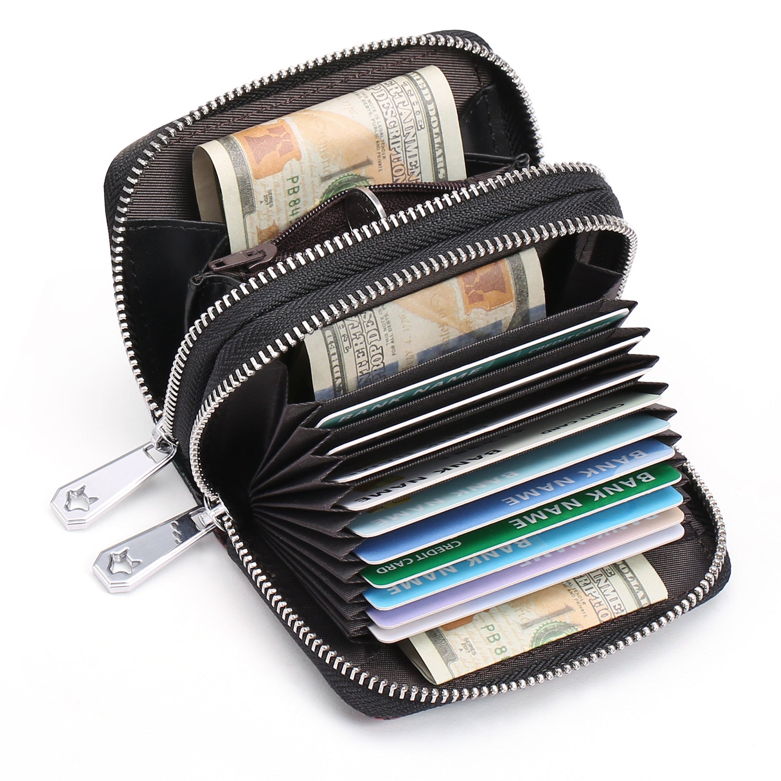Black Background With Colorful Roses Floral Embossed Genuine Leather Card Holder - Large Capacity 10 Card Slots, RFID Blocking, Double Zipper Coin Pouch 8